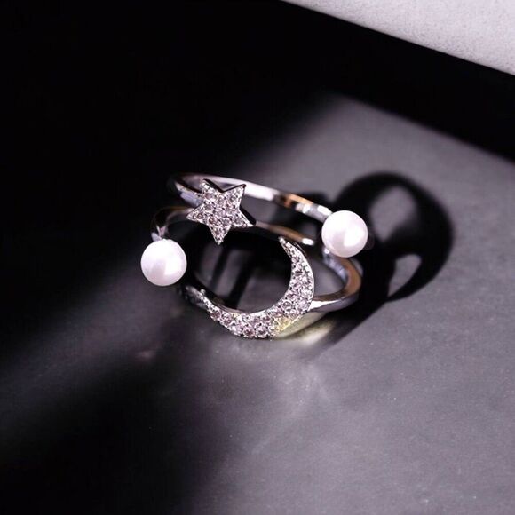 Silver Celestial Moon Stars Pearls Open Band Wrap Ring NEW - Picture 1 of 3